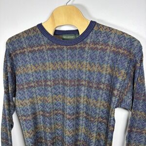 Hill & Archer Mens LT Vintage Geometric Zigzag Knit Crewneck Sweater Navy Blue